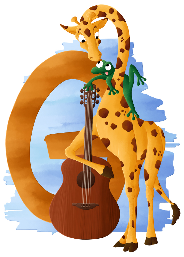 G comme girafe qui joue de la guitare devant une grenouille