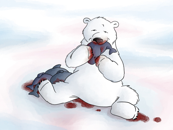 Illustration ours blanc mange du saumon dessin assis